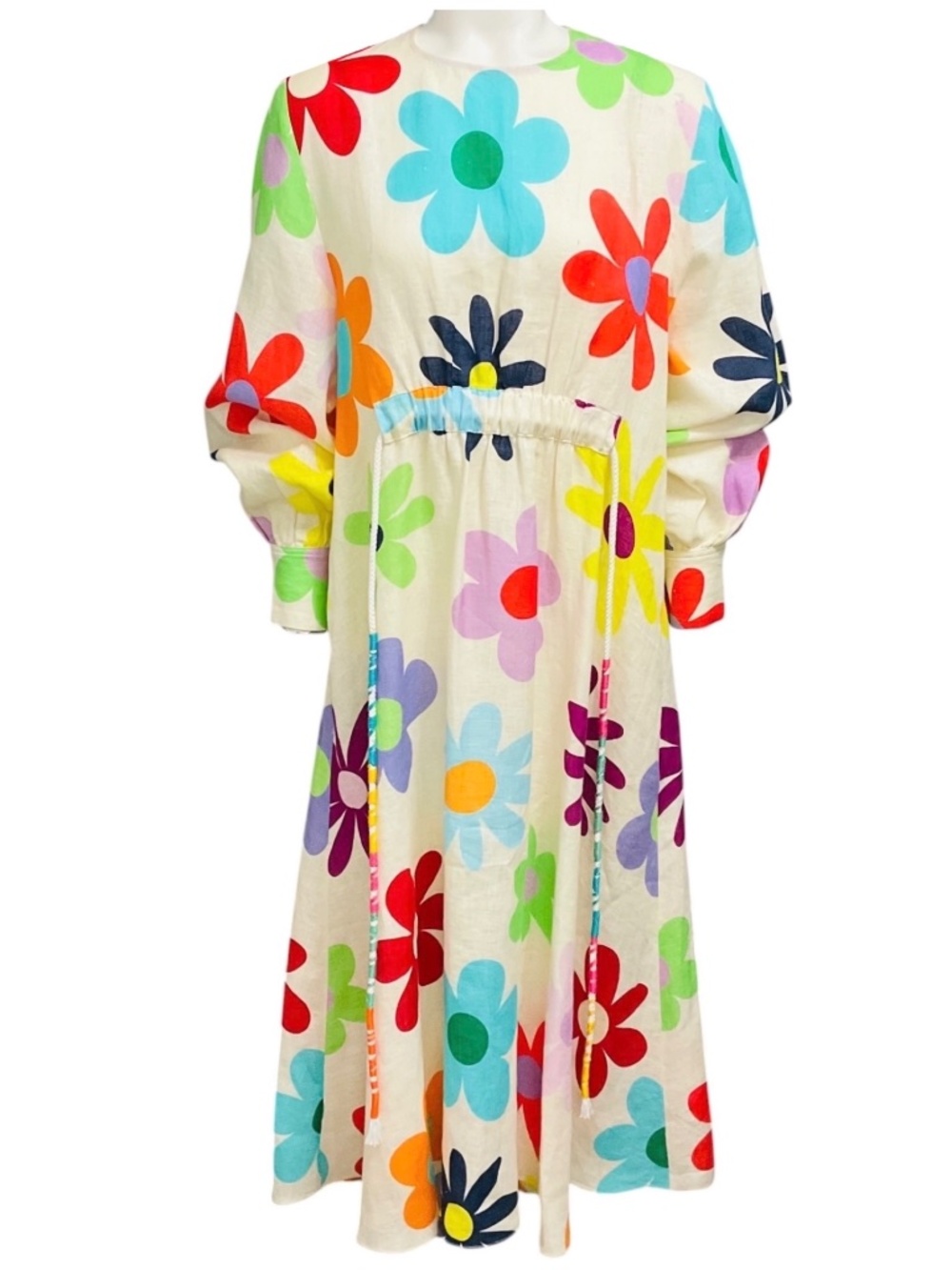MIRA MIKATI ECRU MULTI LINEN FLORAL PRINT DRESS
